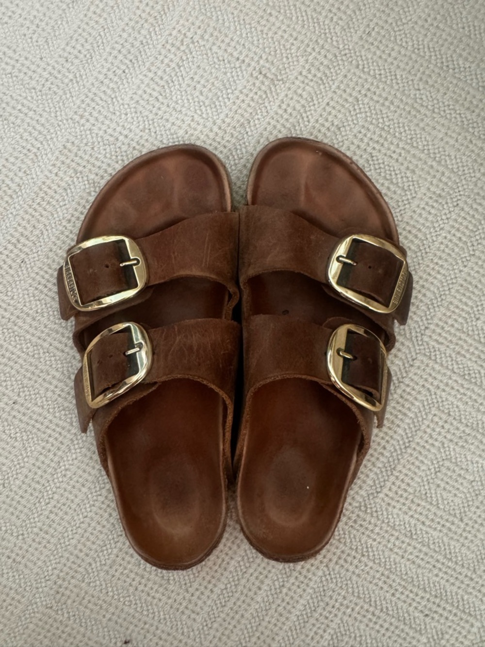 Birkenstock Women’s Brown Suede Double Buckle Sandals with Gold Buckles